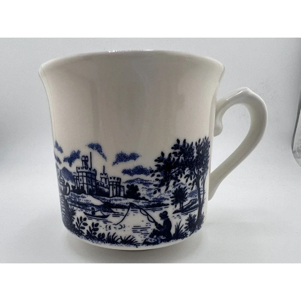 Vintage Blue & White Cottage Glossy Bone China Pastoral‎ Chinoiserie Coffee Cups